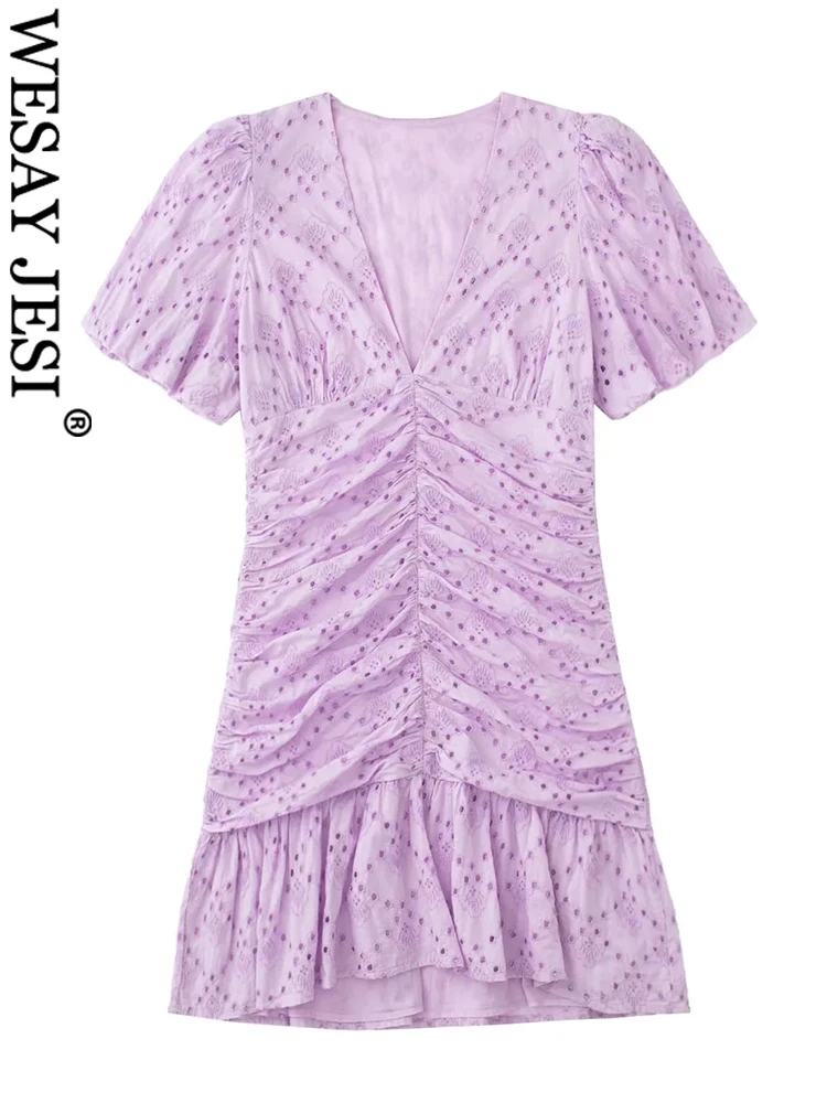 

WESAY JESI Fashion Solid Purple Hollow Dots Dress Puff Sleeve Elegant Chic Pinch Pleated Fabric Slim Sweet Girly Ruffle Dress