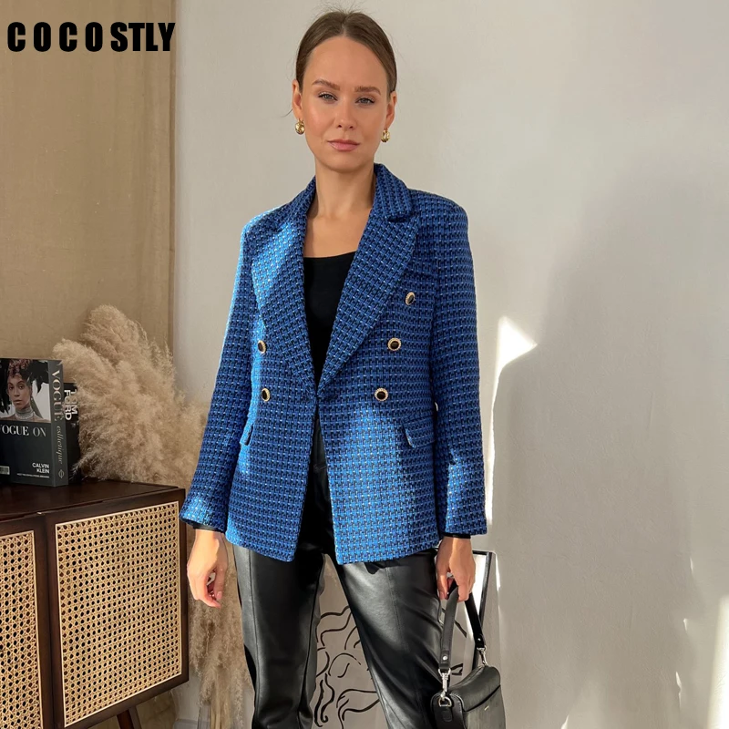

2023 Spring New Women Tweed Blazers All-match Lapel Long Sleeve Texture Double-breasted Coats Slim Casual Suit Jacket Mujer