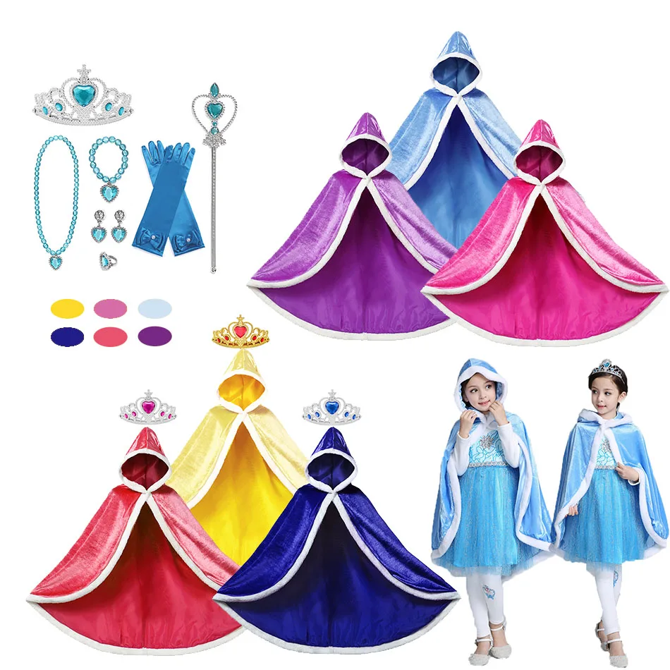 

Girls Princess Costume Cloak Hooded Coat Cape Elsa Anna Aurora Rapunzel Fancy Party Mantel Clothes Children Party Accessories