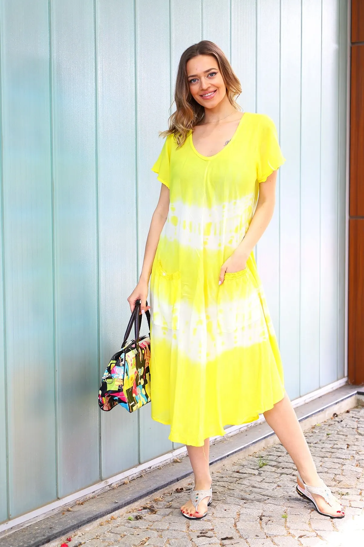 

Women's Pareo Yellow Half Sleeve Tie Dye Dress Swimwear Cover Dress Sexy Tunic Suit Beachwear Female Beach Bikini Cover