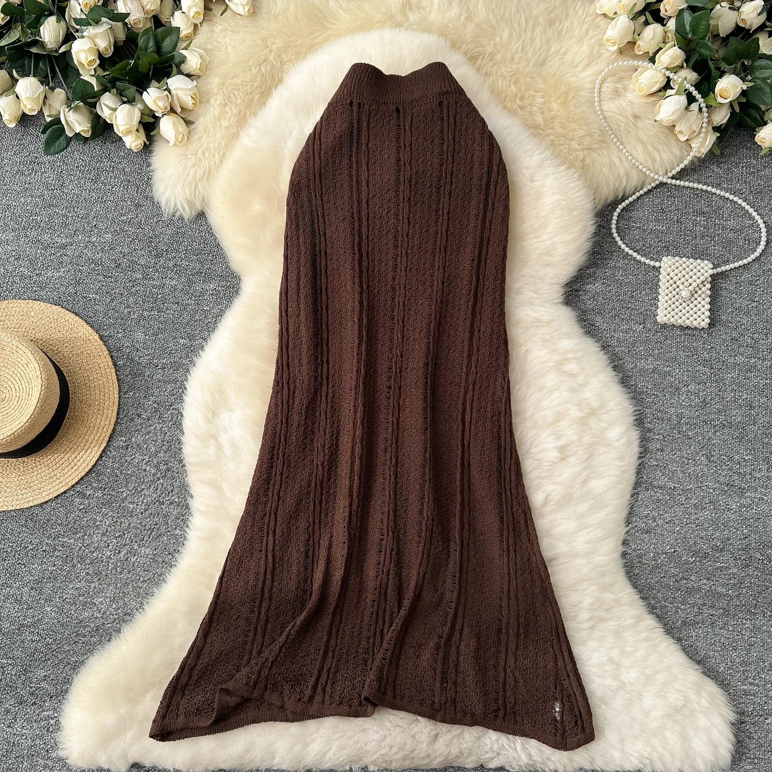 Базовая вязаная винтажная модная длинная юбка трапециевидной формы с высокой