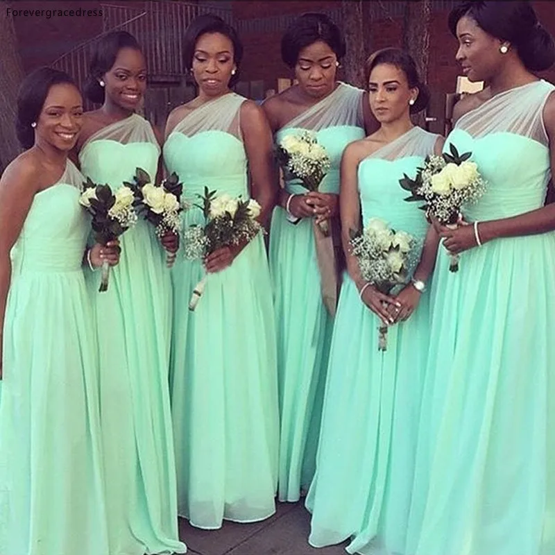 

ANGELSBRIDEP Mint Green Bridesmaid Dresses One Shoulder Chiffon Boho Beach Plus Size Floor Length Maid Of Honor Party Gowns