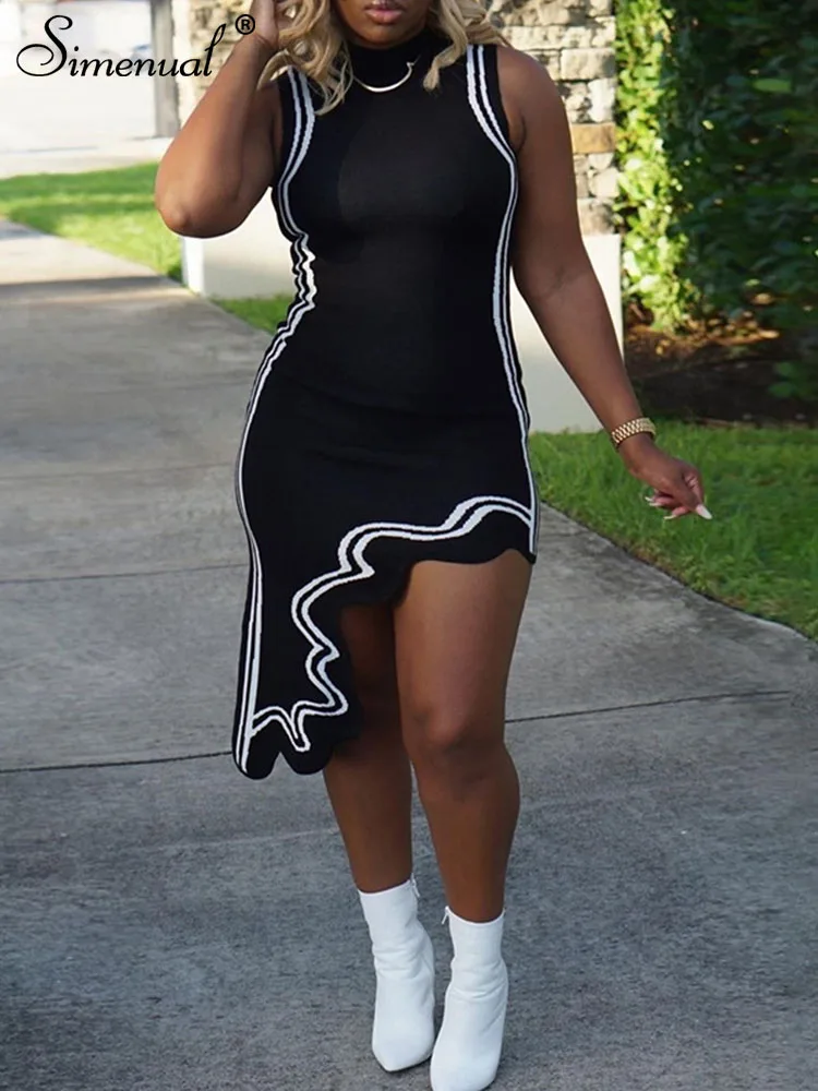 

Simenual Striped Print Mini Dress Women Elegant Round Collar Sleeveless Irregular Bodycon Dresses Sheath Gorgeous Female Jurk