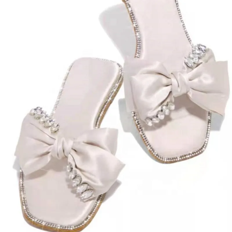 

Роскошные Стразы, женские тапочки с открытым носком и бантом, шелковые сланцы, женские блестящие сандалии с кристаллами и бриллиантами, нов...