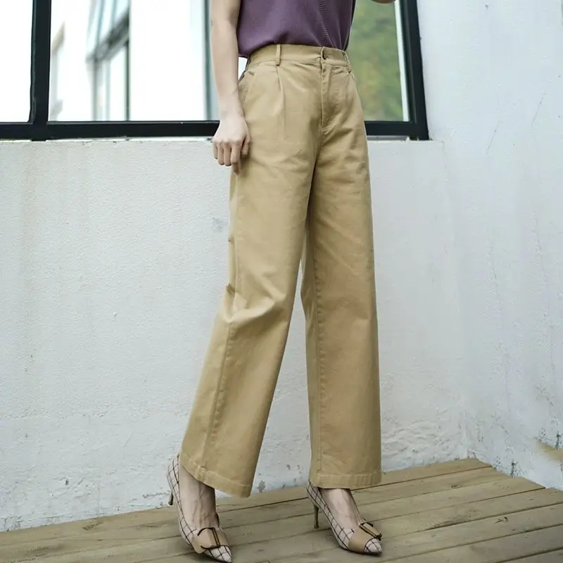 Брюки женские Прямые хлопковые с завышенной талией Свободные повседневные штаны