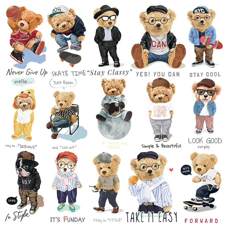 

Cute Cartoon Bear Iron on Transfers for Clothing Thermo Stickers Patches on Clothes Iron on Heat Transfer Patches Stripes Badge