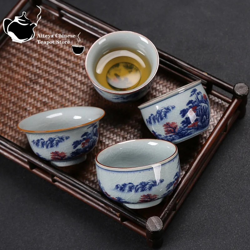 

Jingde Old Pottery Clay Tea Cup Antique Blue and White Glazed Red Master Cup Landscape Press Hand Cup Cylinder Cup Single Cup