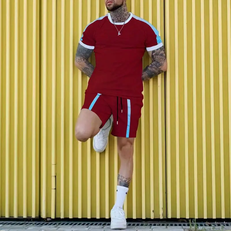 

Summer Men's Casual Sets Patchwork Hawaiian Suits Round Neck Tracksuits Fashion Men's Short Sleeve T-Shirt+Shorts Two Piece Set