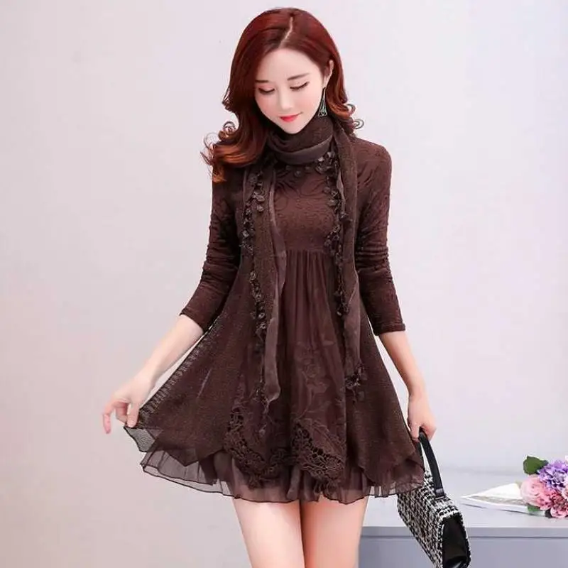 

Retro Vintage Black Lace Shirt Blouse 2022 Spring Women Elegant Lady Basic Wear Tunic O Neck Long Sleeve Tops Female K615
