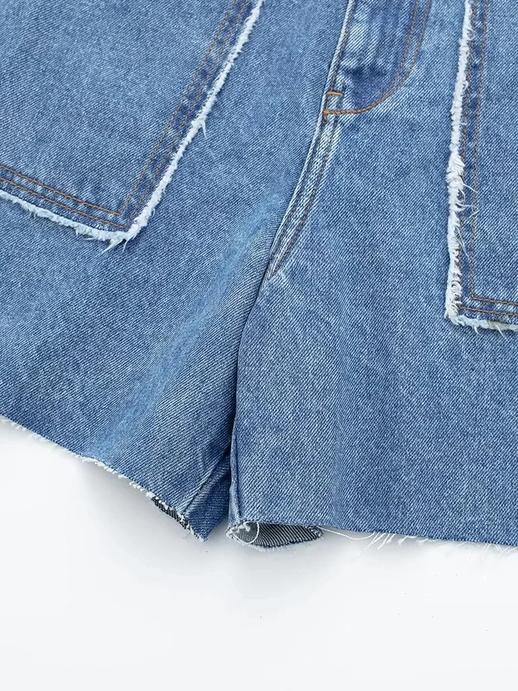 PAILETE Women 2023 fashion patch pockets denim wrap shorts skirts vintage high waist frayed trims female skort mujer