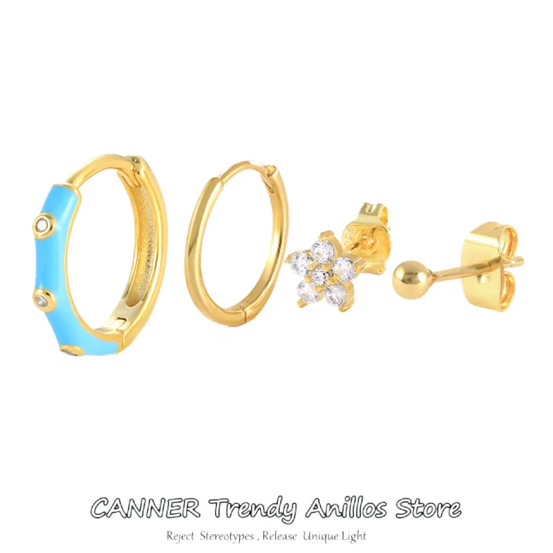 

CANNER 4pcs Real 925 Sterling Silver Drop Oil Hoop Earring for Women Gold Color Huggies Earring Delicate Ear Studs Fine Jewelry