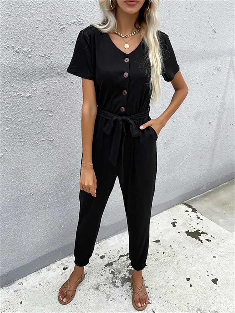 

Vintage Black Legged 9-point Jumpsuit Commuter Style High Waist Lace Up Small Legged Jumpsuit 2022 Summer Women's Wear With Belt
