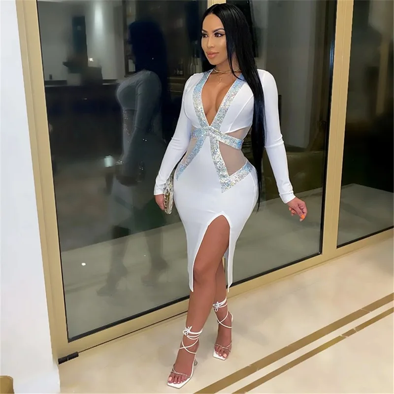 

Women Long Sleeve 2021 Sexy Deep V-neck Mesh Rhinestones Dresses Split Diamonds Party Dress Red Black Blue Green Plus Size S-4XL