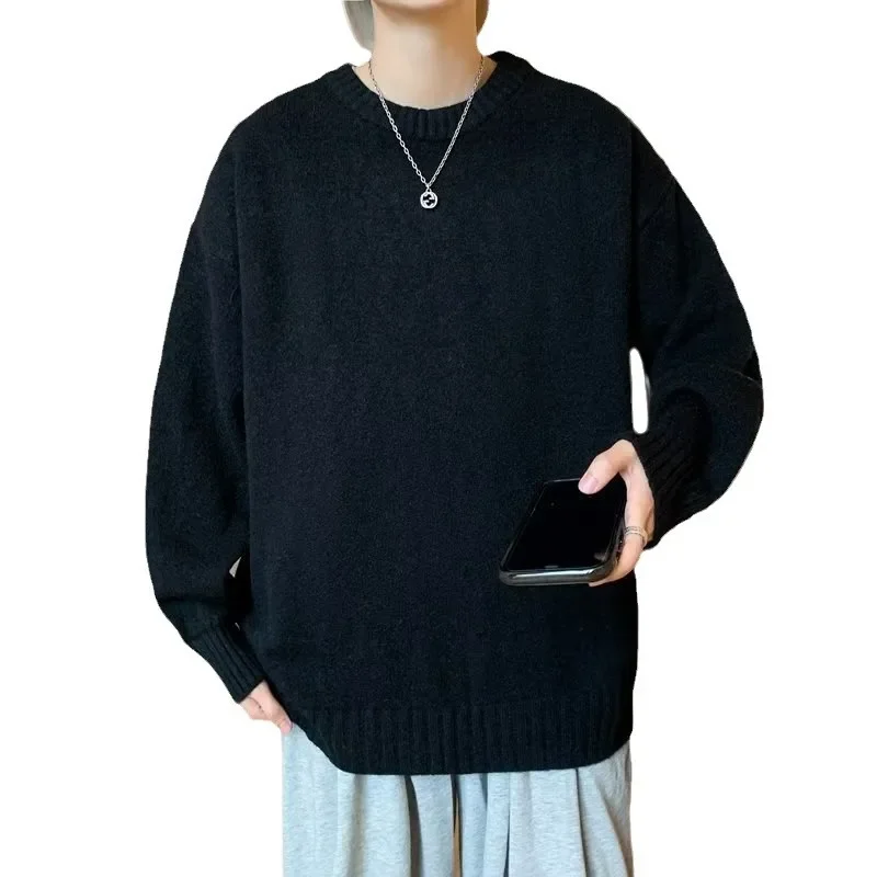 Модный осенне-зимний однотонный свитер с круглым вырезом мужской свободный крой