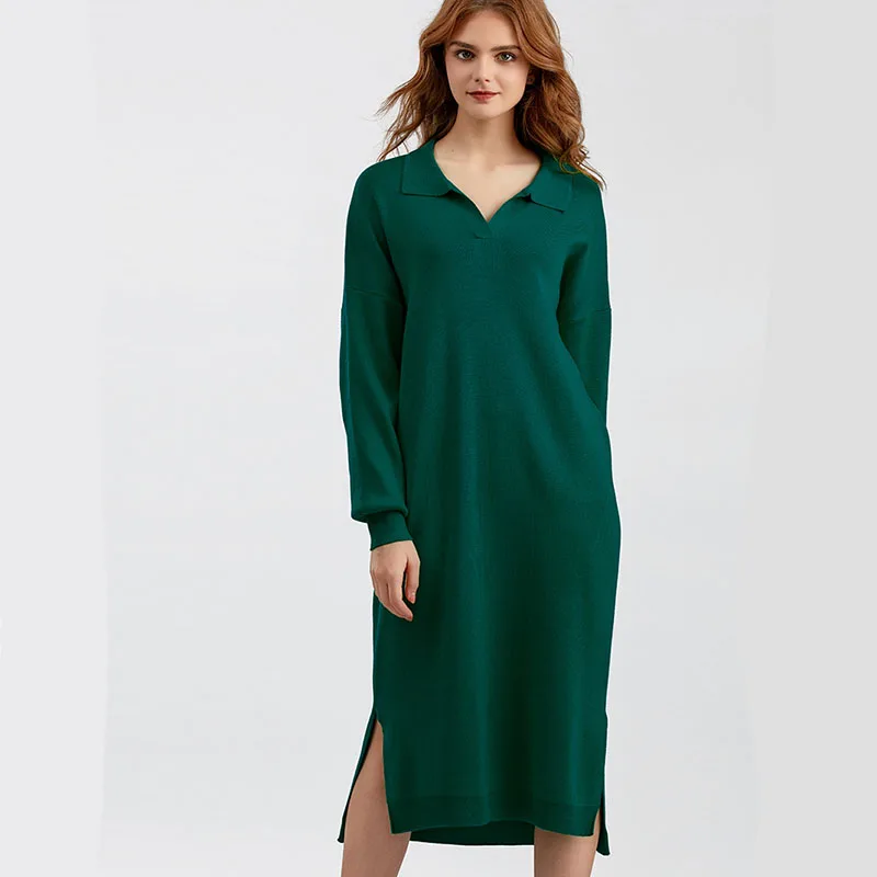 

2023 New Women's Polo Collar Knitted Long Skirt Solid Color Loose Long-sleeved Autumn and Winter Bottoming Dress Simple Fashion