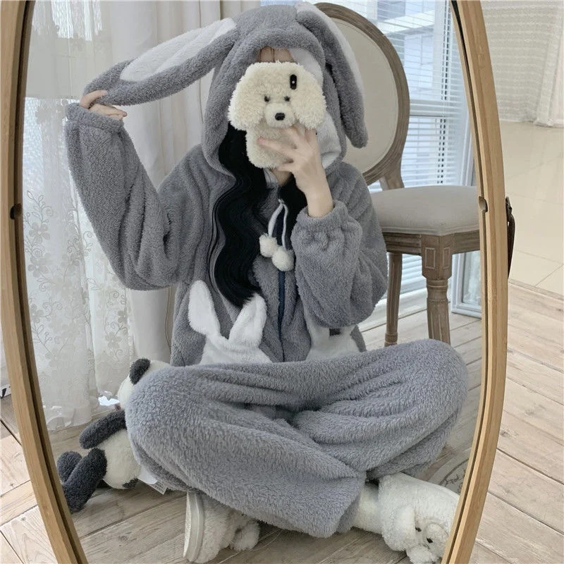 

Pijama Sleepwear Female Onesies Women Bunny Hooded Warm Kigurumi Cute Jumpsuit Nightwear Pyjamas Kawaii Winter Pajamas