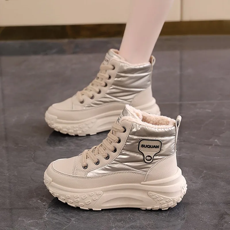 SHigh-Top Cotton Shoes Female Students Korean Version 2024 Winter New Big Joker Plus Velvet Sports Women'S Boots