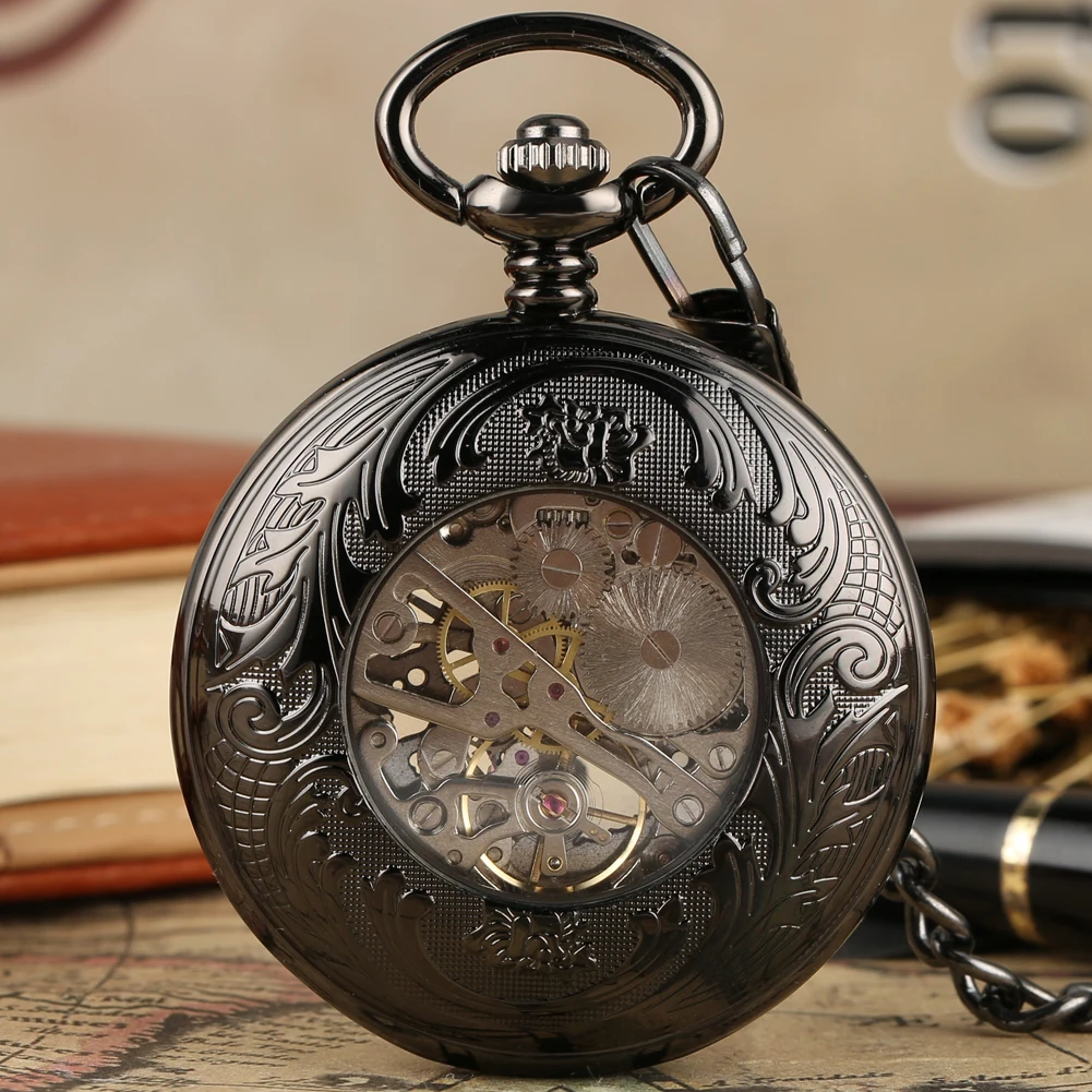 Blue Roman Numerals Dial Mechanical Pocket Watch Transparent Glass Retro Black Antique Pocket Clock with Pocket Chain