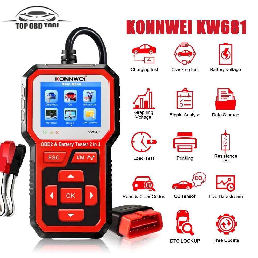 

KONNWEI KW681 Car Battery Tester OBD2 Scanner 2 in 1 6V 12V Cranking Charging Test Analyzer Diagnostic Tool For Auto Motorcycle