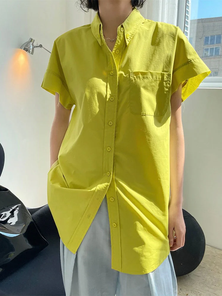 

Short Sleeve Shirts Loose Casual Tops Lapel Single Breasted Shirts For Women 2022 Summer Blue Green Clothing G248