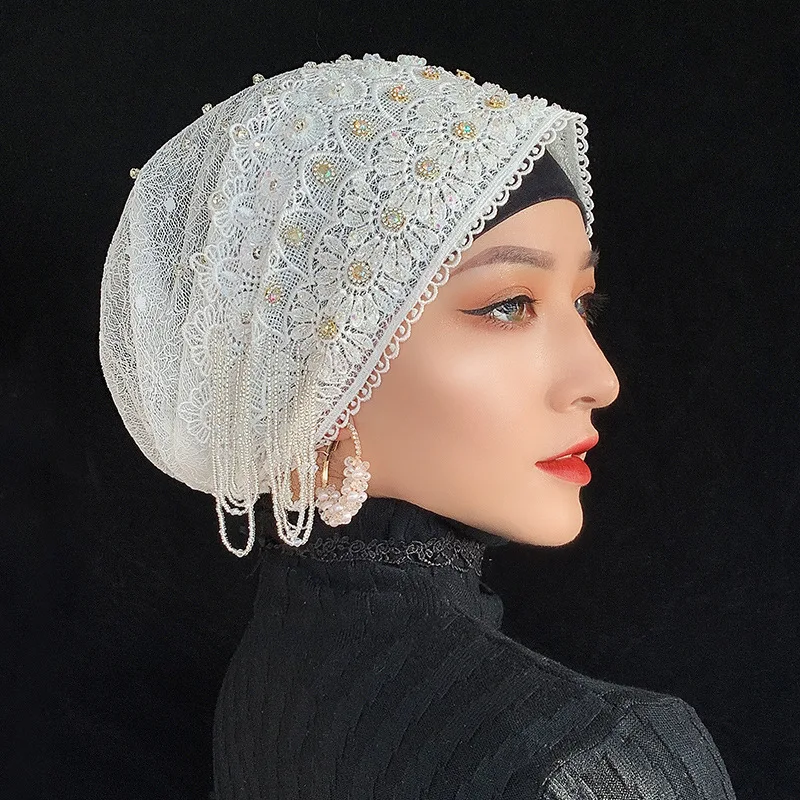 

202208-tonxian dropshipping hand stitched crystal Boutique Handwork Muslim Bride Lace Wedding Party Hijabs Caps women hat