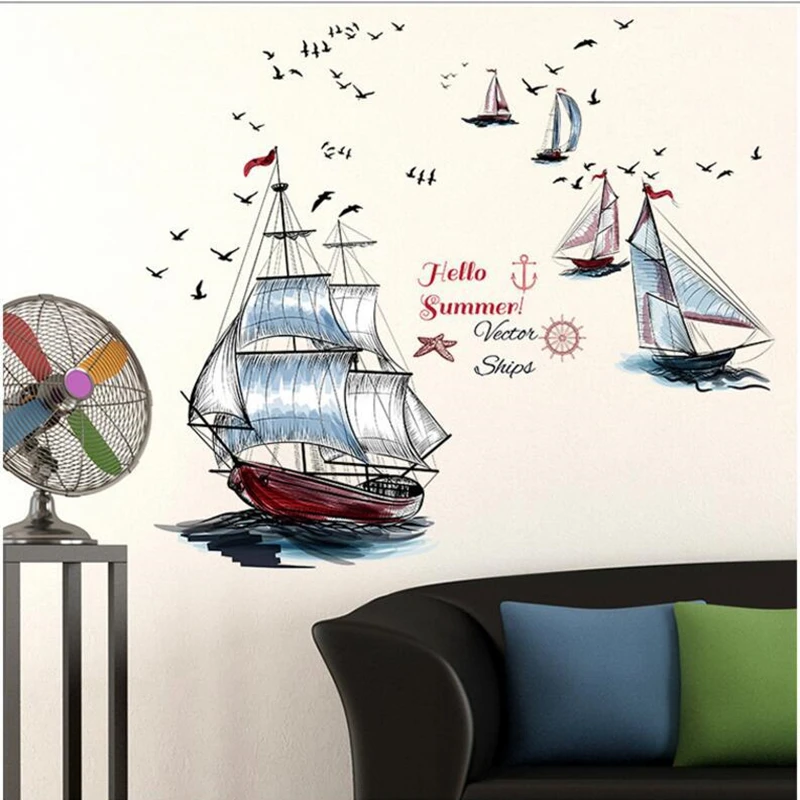

New Sailboat Seabird Starfish PVC Wall Sticker Bedroom Living Room Study Background Decorative Painting Home Decoration Poster