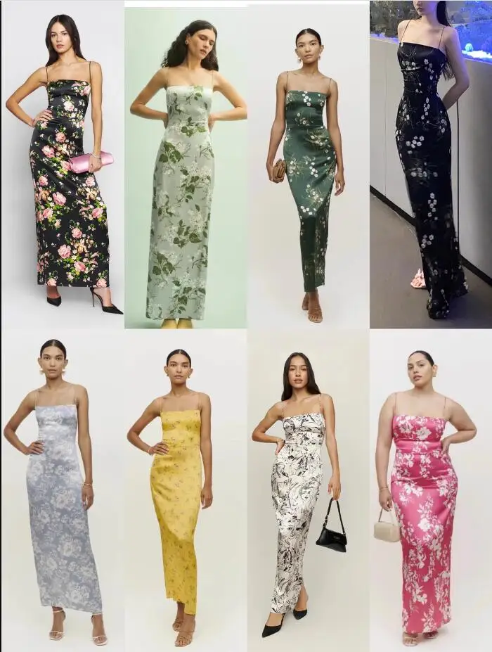 Women Sexy Strapless Retro Green Printing Elegant Temperament Fitting Suspender Slit 100% Silk Long Dress
