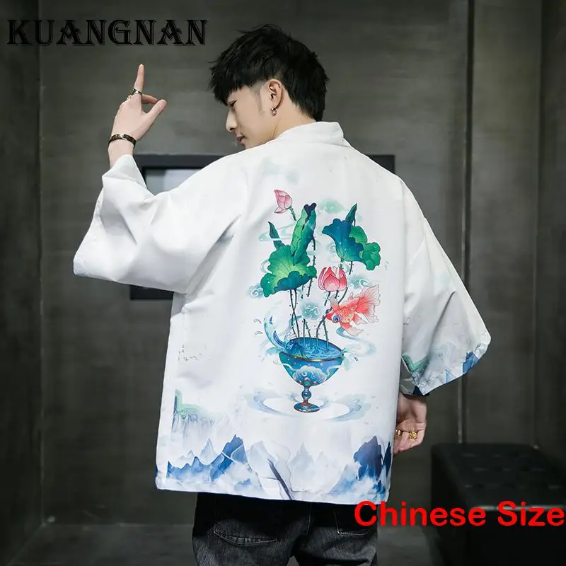 

KUANGNAN Carp Printed Men's Japan Clothing Cardigan Man Kimono Japanese Style Clothes Cardigans Haori Shirt Sale 5XL 2023 Summer