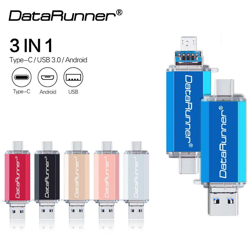 

USB флеш-накопитель DataRunner OTG 3 в 1, USB 3,0, Type C и Micro USB, флеш-накопитель 32 ГБ, 64 ГБ, 128 ГБ, 256 ГБ, 512 ГБ, флеш-накопитель для смартфона