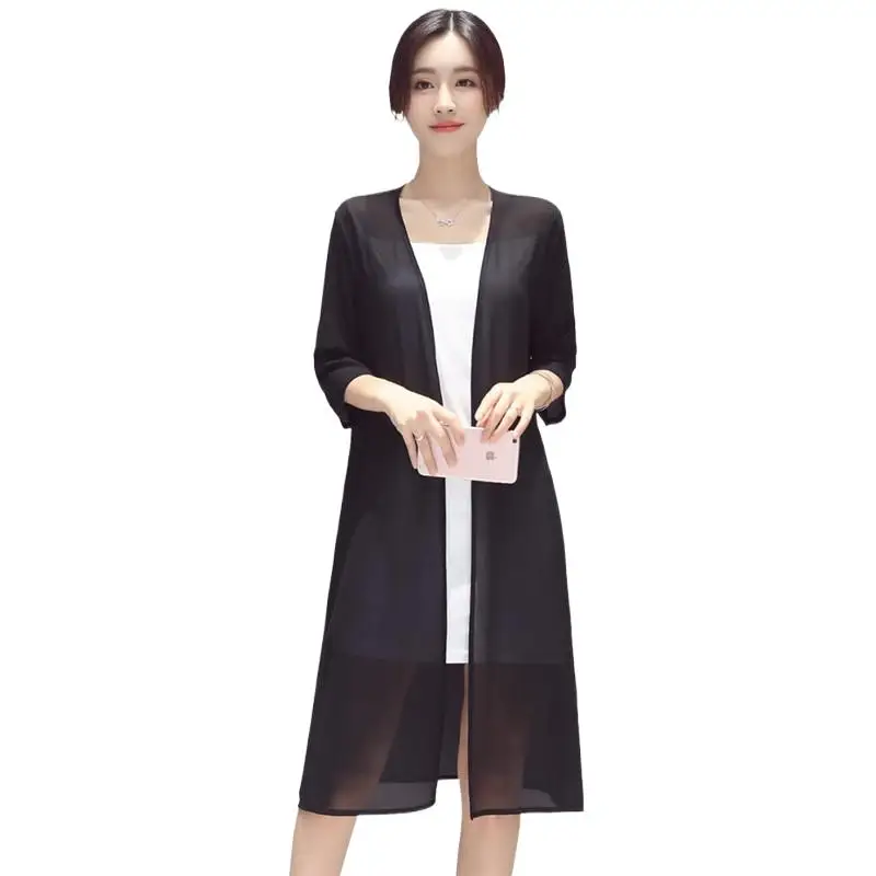 

Summer Chiffon long Cardigan Women Loose Long Blouses Coat Beach Shirts Clothing female casual Split thin coat
