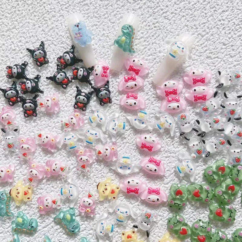 20 piezas Kawaii Sanrio Hello Kitty Purin Nail Kuromi Cinnamoroll Pom, accesorios de arte, bonitos dibujos animados, decoración de uñas, juguetes para niñas