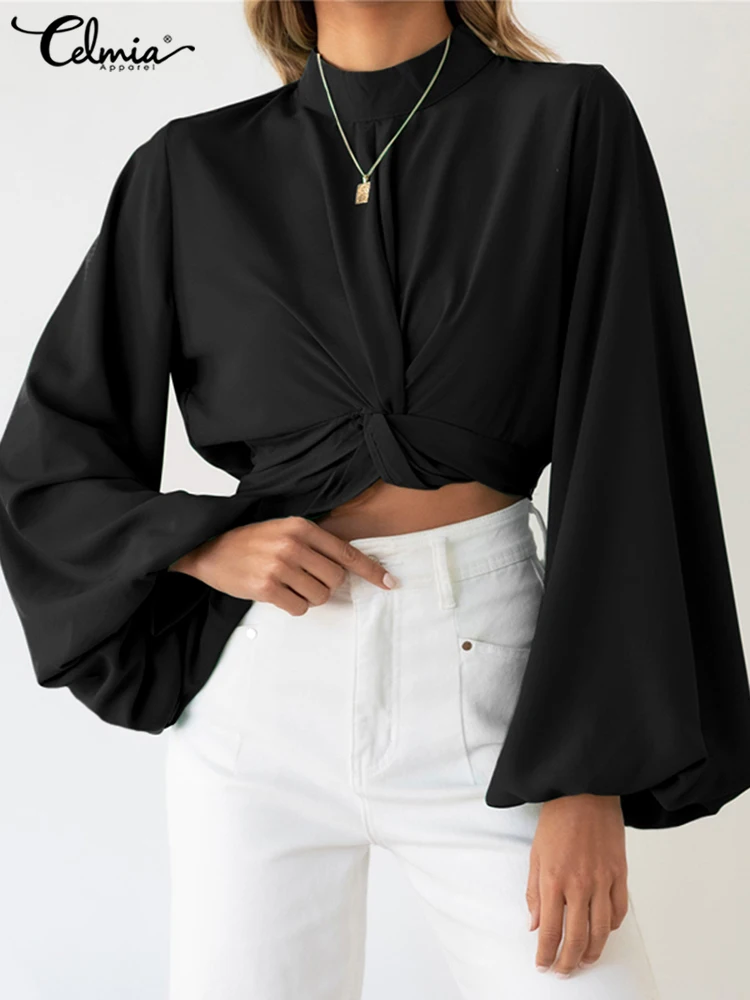 

Celmia Women Long Lantern Sleeve Tunic Casual Stand Collar Short Tops Elegant Solid Color Shirt 2022 Fashion Twisted Hem Blouses