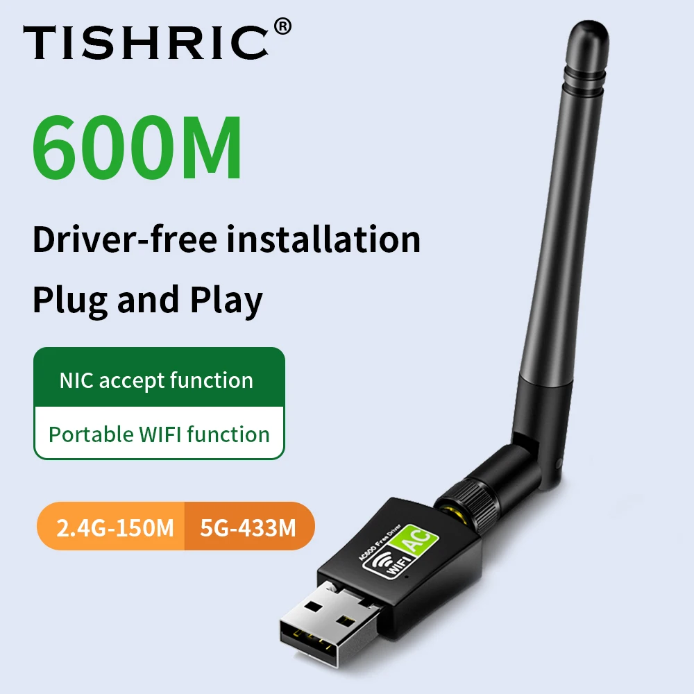 

TISHRIC Dual Band USB Wifi Adapter 600Mbps 2.4GHz+5GHz Ethernet Receiver Wireless Wifi Network Card For PC laptop