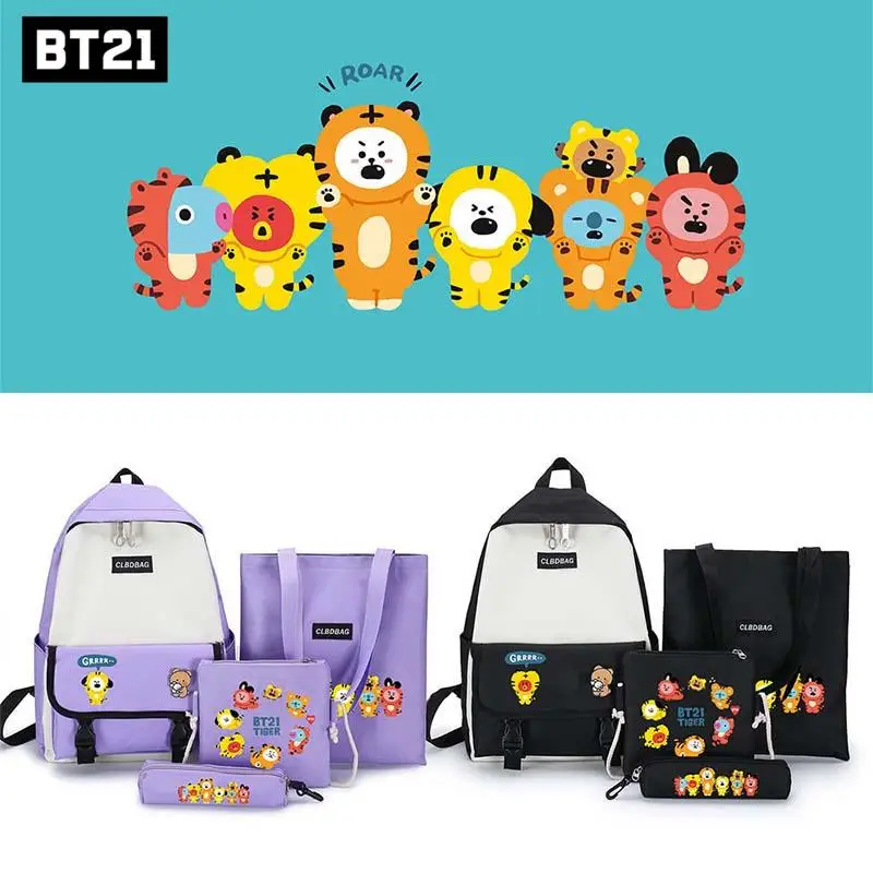 Bt21 Backpack Four-Piece Tata Rj Koay Anime Print Schoolbag Drawstring Bag Handbag Pencil Case 4Pcs Color Backpack Student Gift