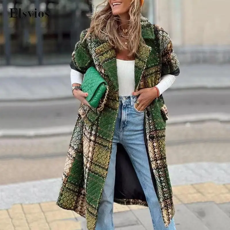Winter Thick Turn-down Collar Button Wool Coat Women Casual Loose Long Overcoat Fashion Sleeve Green Plaid Outerwear Jacket |
