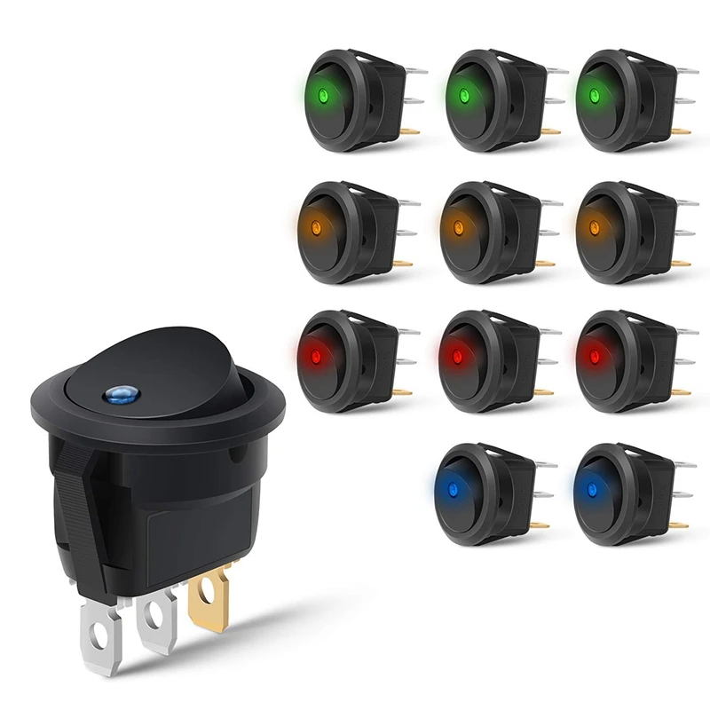 

12PCS Round Dot Lighted Rocker Switch Toggle 20A 12V DC On/Off SPST Switch Control, 3Blue+3Green+3Yellow+3Red