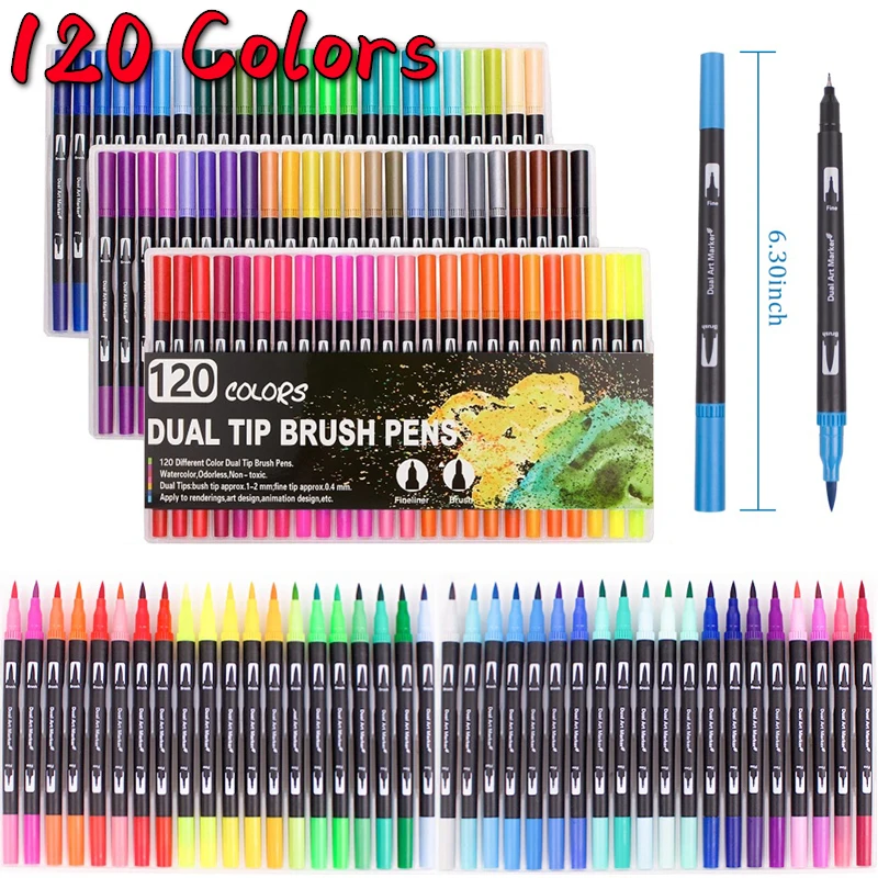 

120PCS Colors Dual Tip Brush Pens Art Marker Fine Liner Brush Drawing Painting Watercolor Pens for Coloring Manga Calligraphy