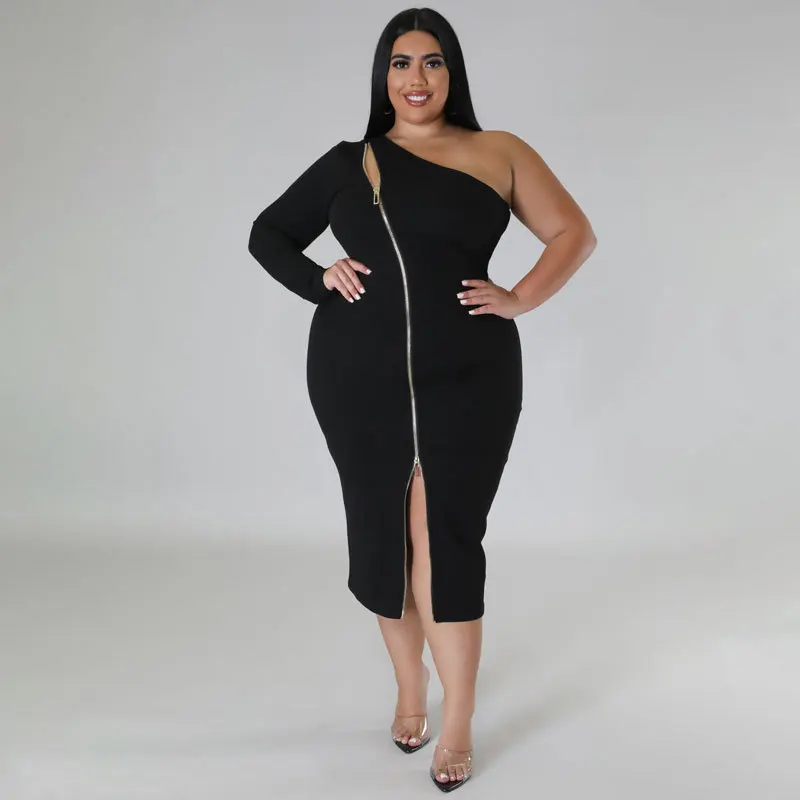 2023 Spring Women Dress Zipper Hollow Out One Shoulder Fashion Elegant Cloth Female Luxury Gown Plus Size Evening Party Dress