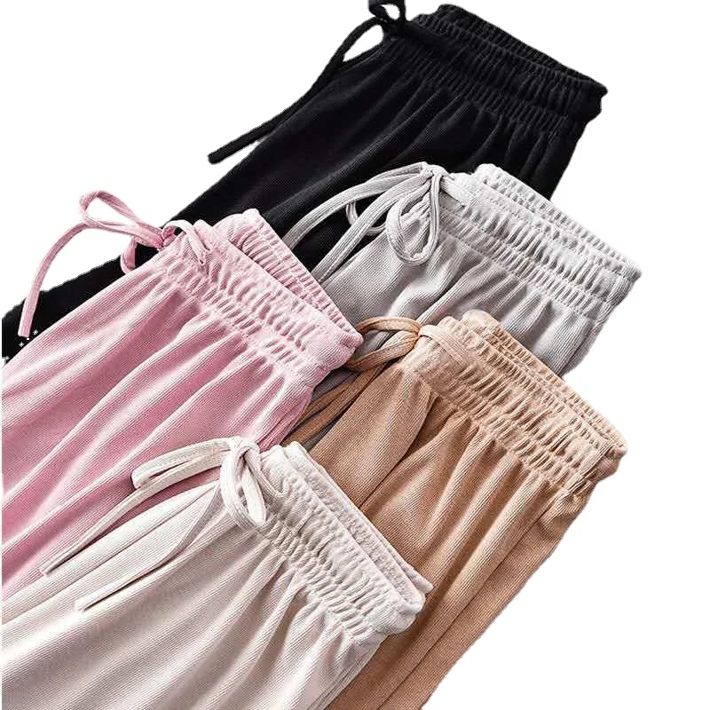 

Ice Silk Drape Knitted Nine Point Wide Leg Pants Women's Loose Floor Mops Drawstring High Waist Large Casual Pants