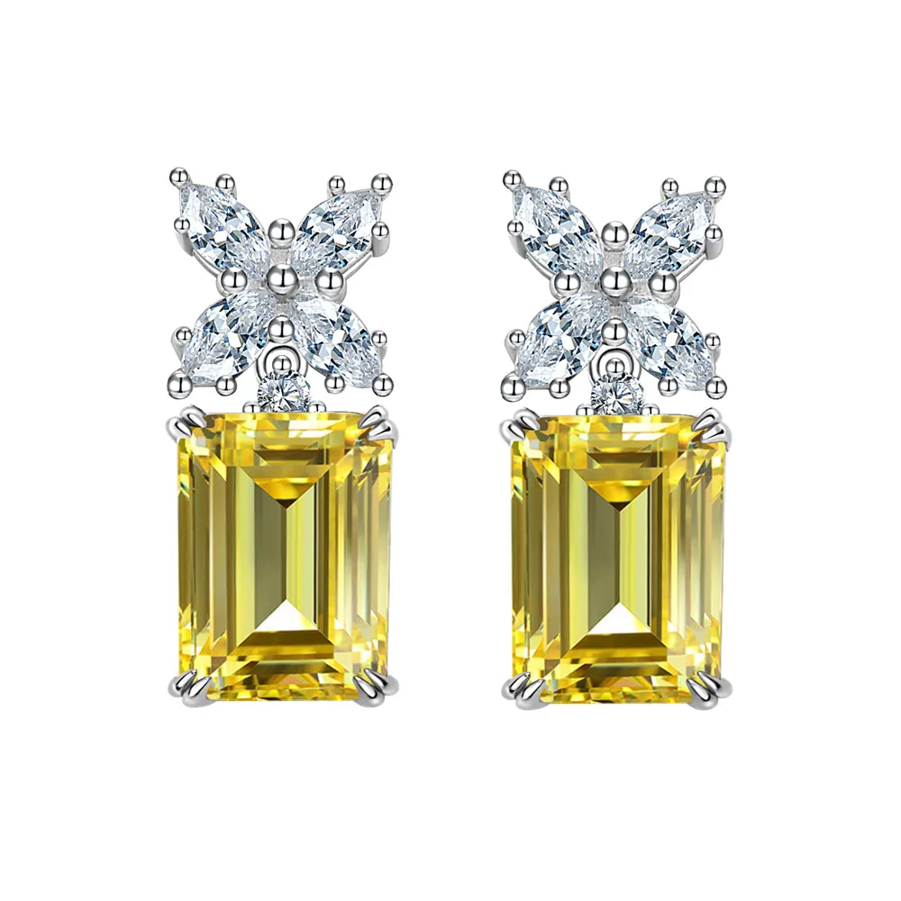 

100% 925 Sterling Silver Emerald Cut Citrine High Carbon Diamonds Gemstone Drop Dangle Earrings Fine Jewelry Wholesale