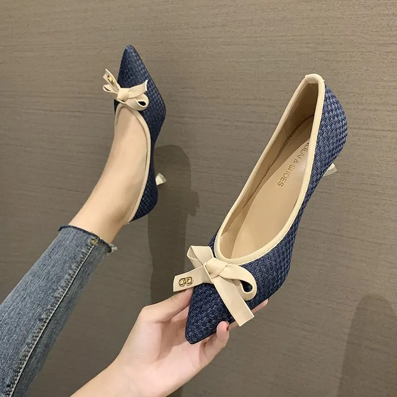 

Plus Size 42 43 Women Pumps Woven Pointed Toe Dress Shoes New Fashion Ladies Designer Bowtie Boat Party High Heels