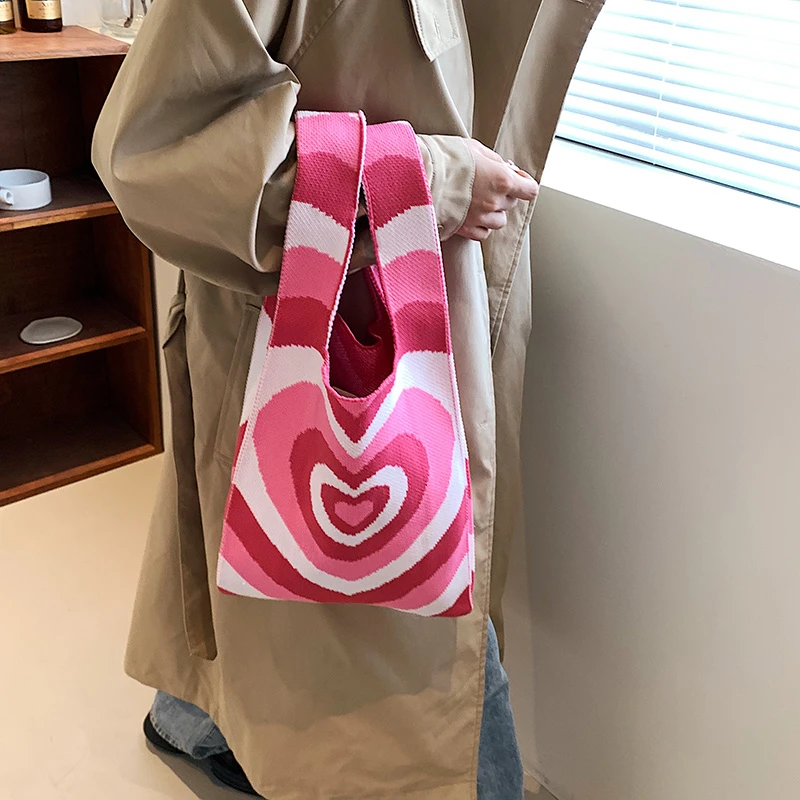 Japanese Women Bag Portable Wrist Bag Fashion Knitted Handbags Knotted Top Handle Tote Big Capacity Shopper Bag Reusable