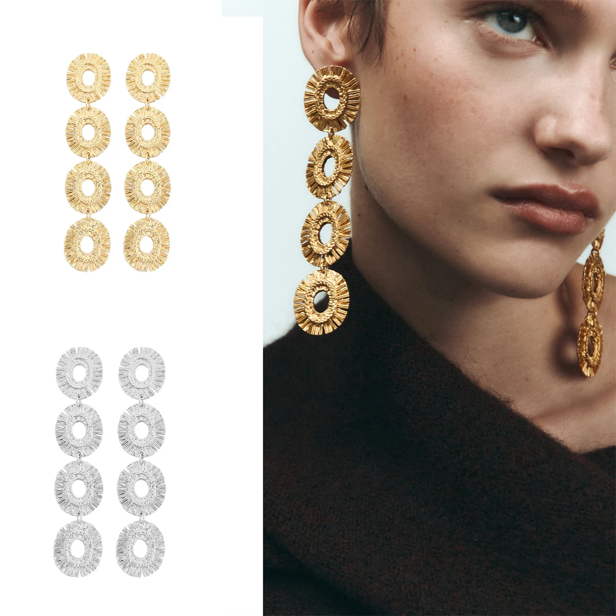 

Vintage Gold Alloy Metal Geometric Dangle Earrings For Women Long Ear Accessories Retro Statement Jewelry