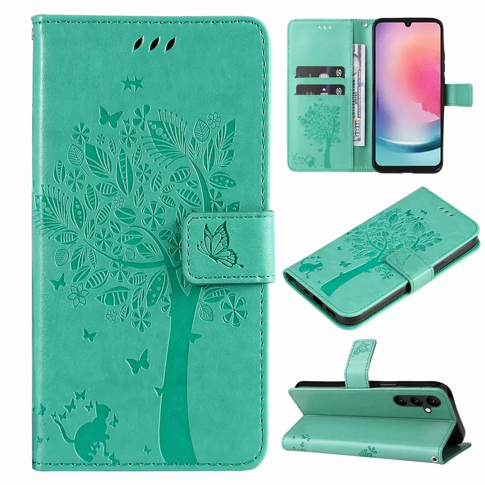 

Tree Embossing Case Coque For Samsung Galaxy S21 FE S22 S23 Ultra S9 S8 Plus S7 S6 Edge S5 S4 Lovely Cat Girls Phone Wallet P06F