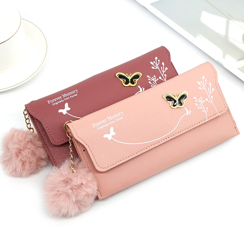 

Long Women Wallet Designer Leather Card Holder Fashion Solid Color Butterfly Coin Purse Solid Wool Ball High Capacity Clutch Bag