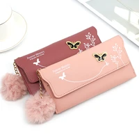 long women wallet designer leather card holder fashion solid color butterfly coin purse solid wool ball high capacity clutch bag