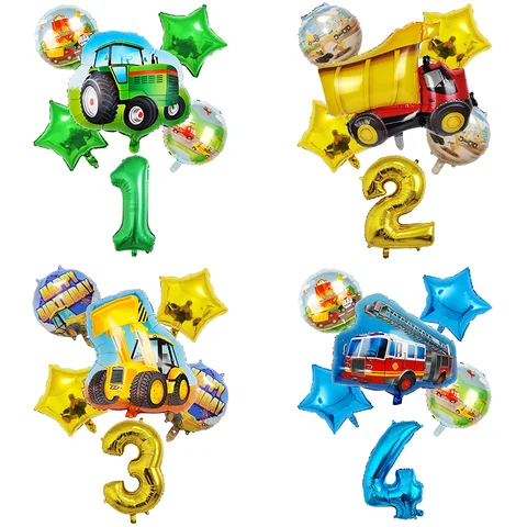 1 комплект Трактор пожарная машина погрузчик вилочный погрузчик воздушные шары Happy123 День Рождения Декор 32 дюйма золотой зеленый синий цифр...