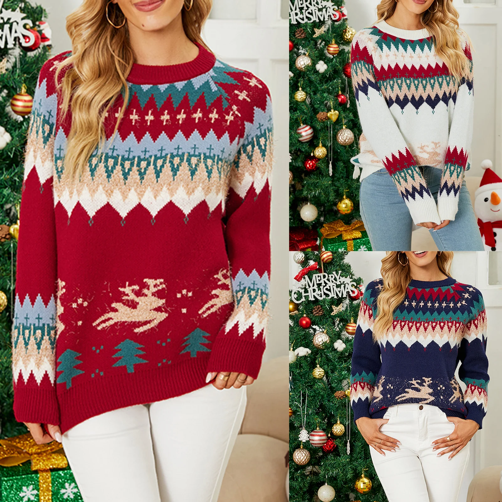 

Рождественский женский свитер, новинка 2023 года, вязаная одежда, джемперы, теплые плотные повседневные трикотажные изделия с круглым вырезом, рождественские топы, наряд Y2k