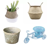 1 pcs rattan straw wicker flower pot basket vase storage home office small three wheels table desk decor storage basket