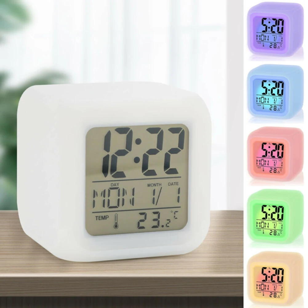 

LED Alarm Clock 7 Colours Digital Calendar And Thermometer Function Glowing Night Light For Kids Bedroom Home Night Light